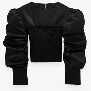 Zara Balloon Sleeve Knit Bodice Top Black Sz Medium